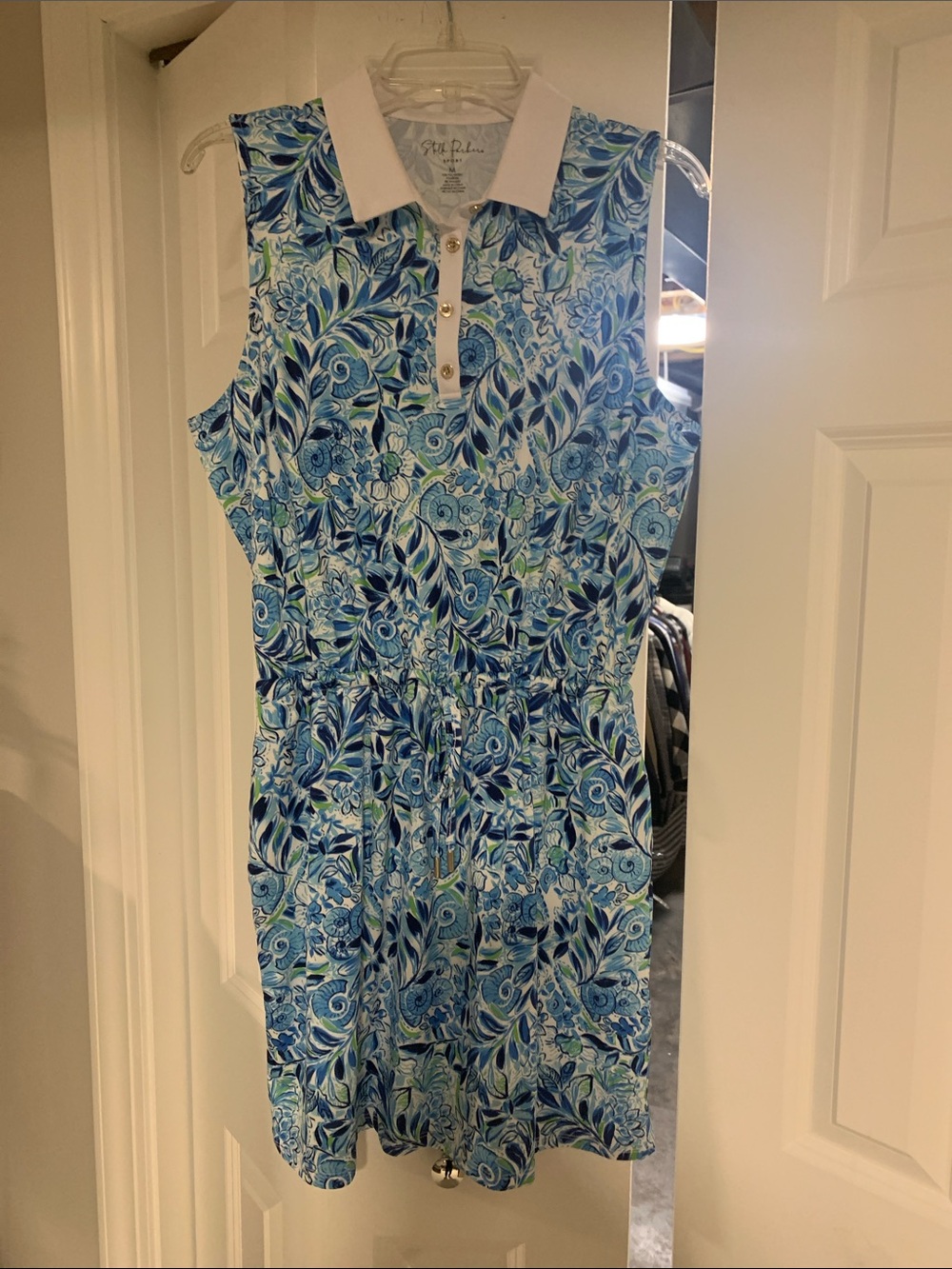 Blue Floral Sleeveless Polo Dress with White Collar